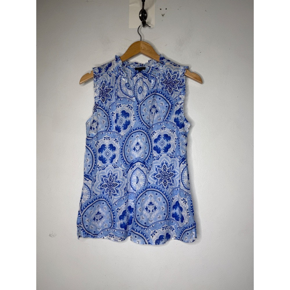 Talbots Women Blue White Medallion Print Ruffle Neck Cotton Sleeveless Top Small